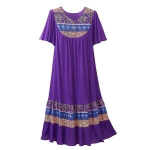 Vintage National Women Small Purple Gauze Boho Flowy Midi Dress Pockets Muumuu